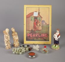 A collection of assorted items, including Oriental jade coloured grapes, reverse painted snuff