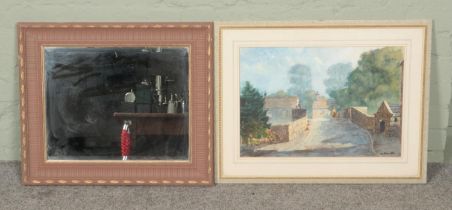 B. Feather framed watercolour depicting village scene along with a framed bevel edged mirror.