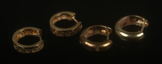 Two pairs of 9ct gold hoop earrings including pierced example. Total weight 3.88g.