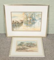 BK Touchard, two framed watercolours, landscape scenes with cottages, one titled Dorset. Largest