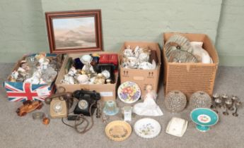 Four boxes of miscellaneous. Includes rotary telephones, glass scent bottles, framed print, LP and