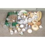 Three boxes of miscellaneous. Includes Delft ceramics, crystal glass vases and decanters, Hanley