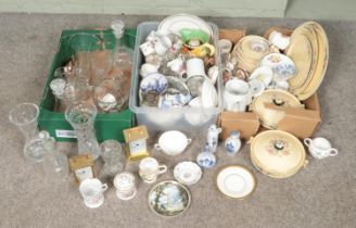 Three boxes of miscellaneous. Includes Delft ceramics, crystal glass vases and decanters, Hanley