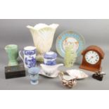 A quantity of mostly ceramics. Includes Royal Crown Derby Old Imari jug, Wedgwood jasperware, mantel