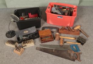 A large quantity of tools including drill bits, rasps, hammers, chisels, lathe tools, clamps,