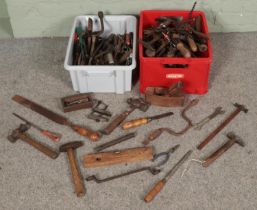 Two boxes of vintage hand tools. Includes spanners, screwdrivers, planes, hammers, etc.