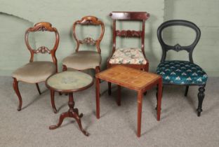 A collection of assorted furniture to include mixed chairs, including upcycled example, and two side