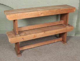 Two large pine benches. Hx46cm Wx150cm Dx35cm