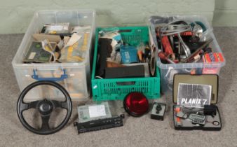 Three boxes of mostly car spares and repairs to include radios, pedals, tools, Planix 7, etc.