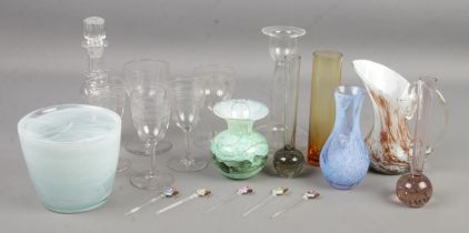 A collection of glassware. Includes Mdina, art glass cocktail sticks, Caithness, etched drinking