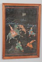 A framed 19th century Indian painting on silk depicting a tiger hunt. 50cm x 33cm.