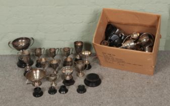 A large collection of silver plate and EPNS trophies most engraved with corresponding stands.