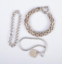 Three silver bracelets to include heart shaped charm. Total weight 57.25g.