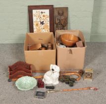 Two boxes of miscellaneous to include Beswick mantle dog, framed pressed flowers, assorted treen,