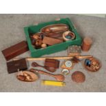 A box of wooden items. Includes Short & Mason barometer, Stanley yard stick, Swiss musical cigarette