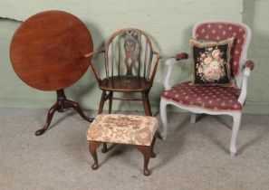 Four pieces of assorted furniture, to include Ercol Fleur de Lys open armchair, footstool and tilt