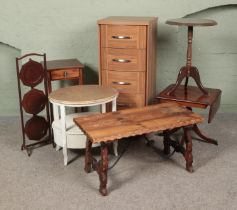 A quantity of furniture including wine table, various occasional tables, Spanish style coffee table,