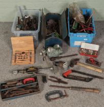 Two boxes and a tool box with contents of vintage tools. Includes part Presto tap and die set,