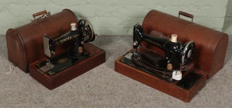 Two Singer sewing machines. Includes one hand crank example and one electric.