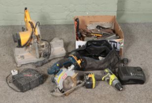 A good collection of assorted hand and power tools to include Dewalt circular saw, Ryobi drill,