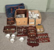 Two boxes of miscellaneous to include Gladstone part tea service, Czech tea service, knitting