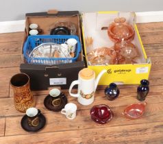 Two boxes of miscellaneous to include Denby Arabesque, Poole Agean, carnival glass, etc.