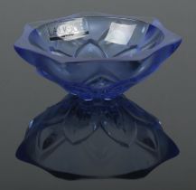 A small Lalique blue glass pin dish with floral decoration. Having original sticker and etched