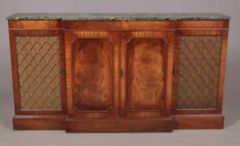 A Regency style mahogany breakfront sideboard with marble top. Label for Gillespie & Woodside.