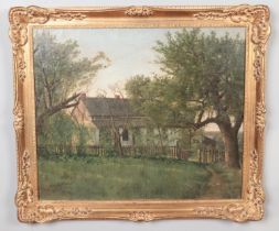 A large framed oil on canvas depicting cottage in the country. 91x78cm