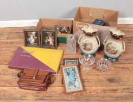 Two boxes of miscellaneous to include pair of Victorian twin handled vases, Royal Doulton crystal,