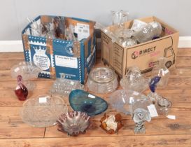 Two boxes of glass including cut glass decanters, cut glass bowls and vases, coloured glass