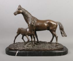 Pierre-Jules Mene, a bronze figure group formed as a horse and foal, raised on marble base. Signed