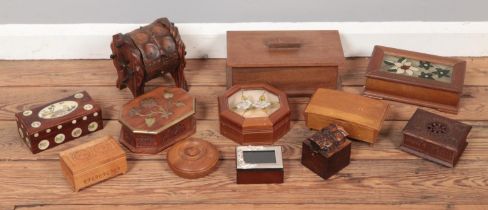 Twelve assorted wooden boxes, including jewellery, trinket, picture frame and barrel shaped
