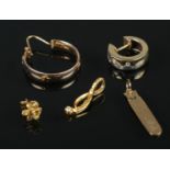 A small collection of gold jewellery. Includes 14ct gold and diamond earring, 9ct gold pendant, etc.