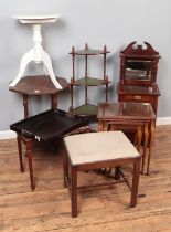 A selection of furniture including burr walnut nest of tables, Corner whatnot, occasional tables,