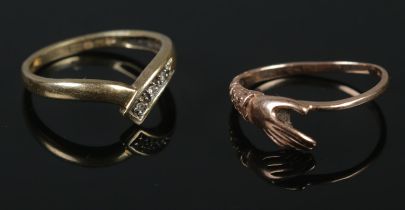 Two 9ct gold rings. Includes 9ct gold diamond wish bone ring, etc. 3.11g. Both size N.