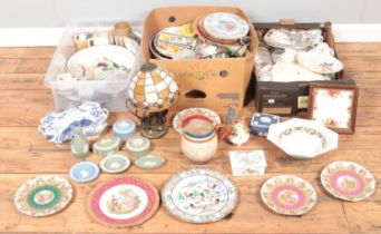Three boxes of miscellaneous. Includes Wedgwood jasperware, Tiffany style lamp, Limoges, etc.