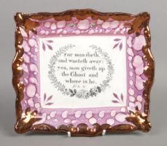 A 19th century Sunderland Lustre plaque by Dixon & Co. Bearing bible inscription 'For man dieth, and