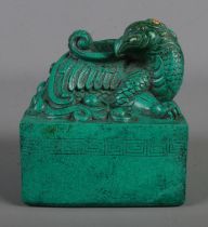 A large Chinese chop seal stamp with carved phoenix decoration. Hx11cm Wx9cm Dx9cm