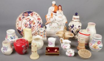 A box of ceramics. Includes Mason's, Crown Devon, Staffordshire flatback, Poole, Carltonware,