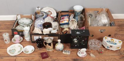Four boxes of miscellaneous. Includes glass decanter, ceramics, hand painted vase, jewellery