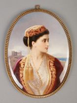 A KPM hand painted porcelain plaque, portrait of a maiden, in gilt metal frame. Impressed marks to