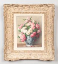 Maurice Decamps (1892-1953), an ornate framed oil on canvas, still life depicting a vase of pink and