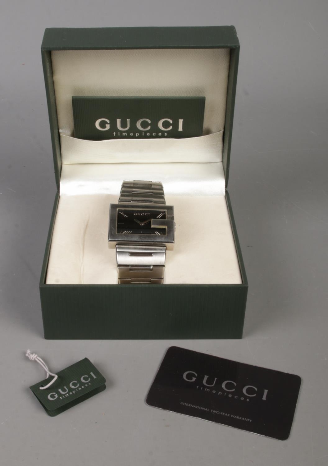 A Gucci G-Collection gents quartz wristwatch, with rectangular 'G' shaped dial and date window to - Image 2 of 3