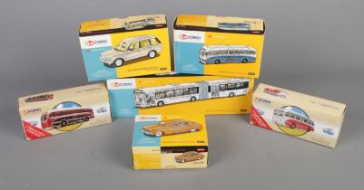 Four boxed Corgi 50th anniversary diecast vehicles along with two boxed Corgi Classics examples.