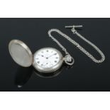 A silver cased full hunter pocket watch with enamel dial, Roman numeral batton markers and