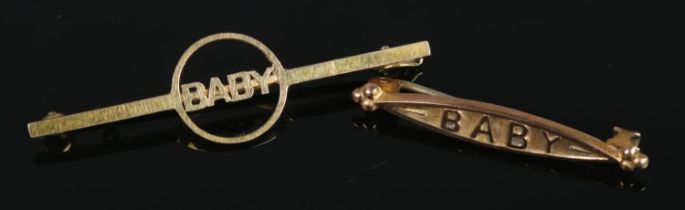 Two 9ct gold 'Baby' brooches including bar example. Total weight 2g.