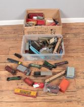 A large box of mixed railway models and accessories including trains, carriages, track and various