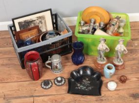 Two boxed of miscellaneous to include German Steins, coloured glassware, papier mache scoop,