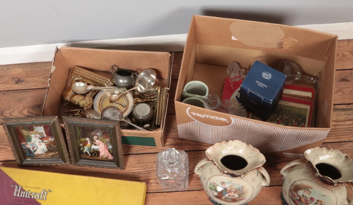 Two boxes of miscellaneous to include pair of Victorian twin handled vases, Royal Doulton crystal, - Image 2 of 2